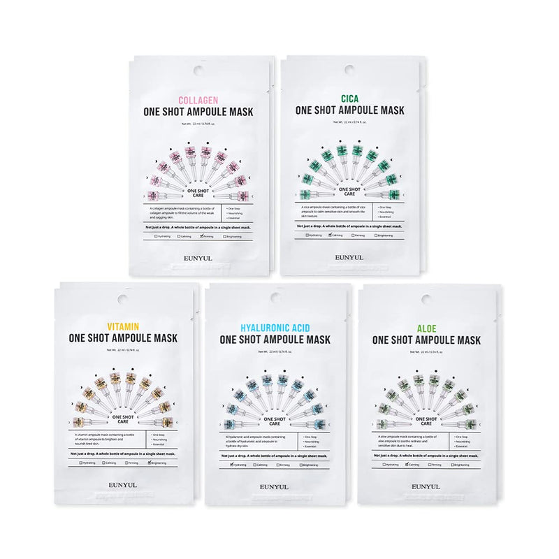 EUNYUL One Shot Ampoule Sheet Mask (10-Pack, 5 Types × 2 Sheets) | Hydrating & Soothing Facial Masks with Vitamin, Collagen, Cica, Aloe & Hyaluronic Acid
