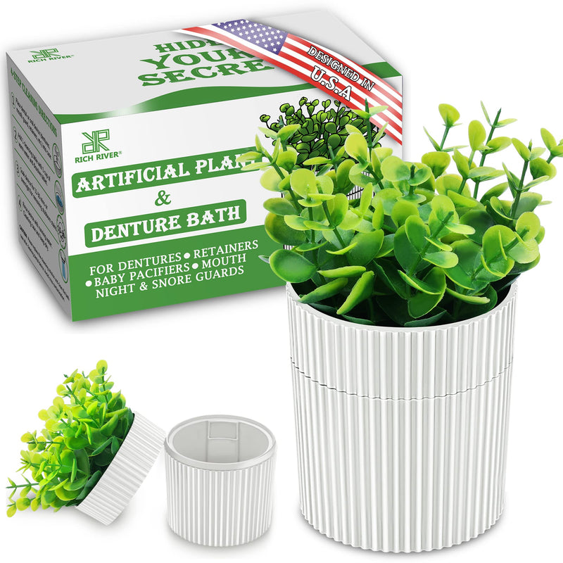 [Australia] - Denture Bath, Invisible Denture Case Designed As Artificial Eucalyptus Potted Plants, Denture Cup With Strainer For Retainer, Mouth Guard & Dentures, Perfect For Home Decoration… WHITE 
