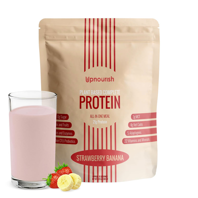 [Australia] - UpNourish Strawberry Banana Vegan Protein Powder 54 Superfoods Powder,1.5 Billion CFU Probiotics 21g Plant Based Protein,No Sugar No Dairy No GMO Dairy Free,Meal Replacement Shake Keto-Friendly Low-Carb Diet,15 Servings 