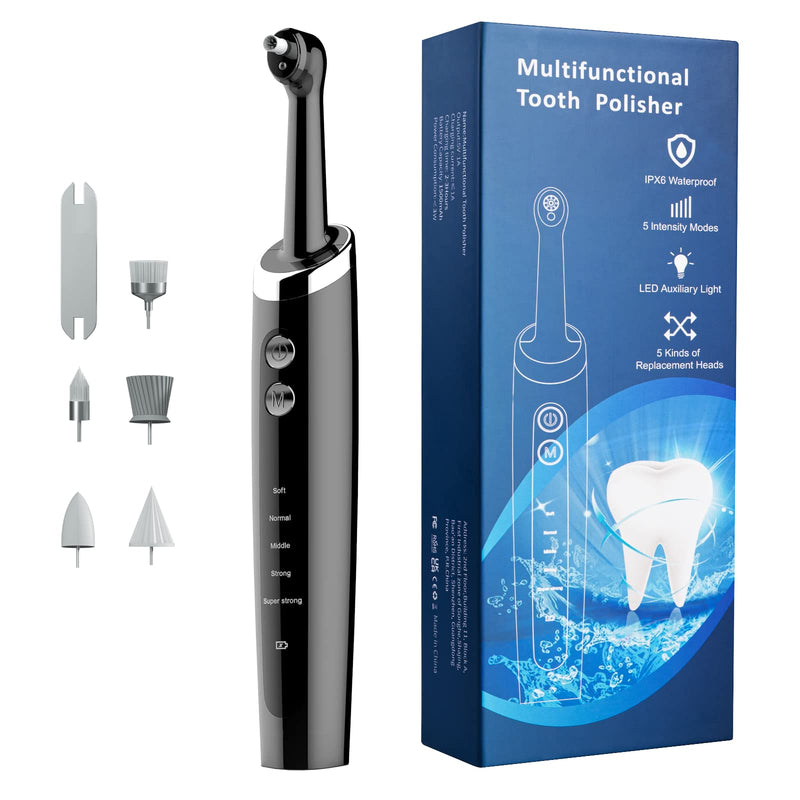 [Australia] - Tooth Polisher Rechargeable,Tooth Buffer Polisher with 5 Replacement Heads & Cleaning Modes, USB Rechargeable, Ipx6 Waterproof, Teeth Black Stain Remover for Adults & Kids Black 