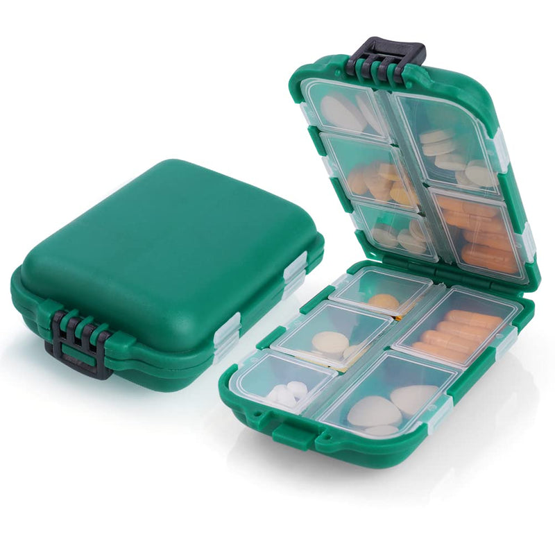AOOWU Travel Pill Organizer, 10 Compartments Small Pill Case, Portable Daily Medicine Storage Box, Medication Travel Case for Pocket Purse, Pillbox for Vitamin Fish Oil Supplement, Medicine Container Green