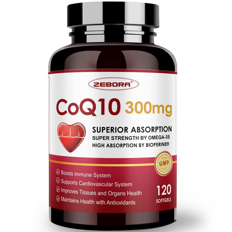 [Australia] - ZEBORA CoQ10-300mg-Softgels with PQQ, BioPerine & Omega-3, 120 Servings Coenzyme Q10 (Ubiquinone) Supplement for High-Absorption, Powerful-Antioxidant, Support Heart-Health & Energy-Production 