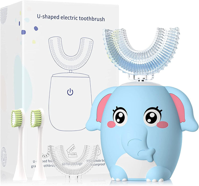 [Australia] - Kids Electric U Shaped Toothbrush Children Rechargeable Sonic Toothbrush with 4 Brush Heads Full Mouth 6 Cleaning Modes - (Age 2-7 Blue) Blue Elephant（Ages 2-7） 