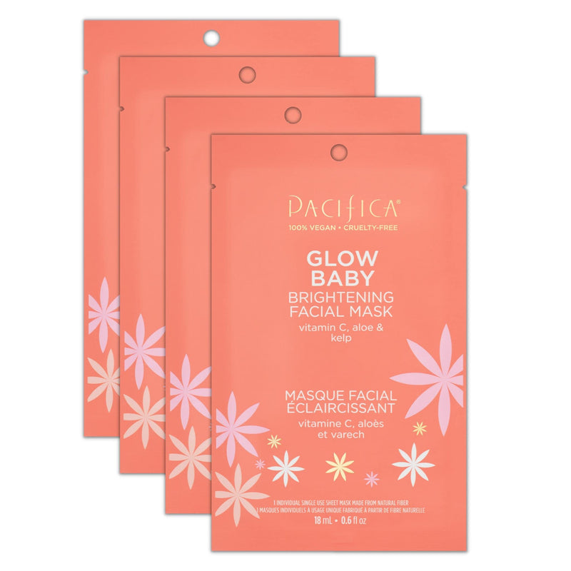 Pacifica Glow Baby Brightening Vitamin C Face Mask 4-Pack – Hydrating Serum-Soaked Sheet Mask for Glowing Skin, Fights Dullness & Dark Spots, Infused with Aloe & Kelp, 100% Vegan & Cruelty-Free 1 Count (Pack of 4)