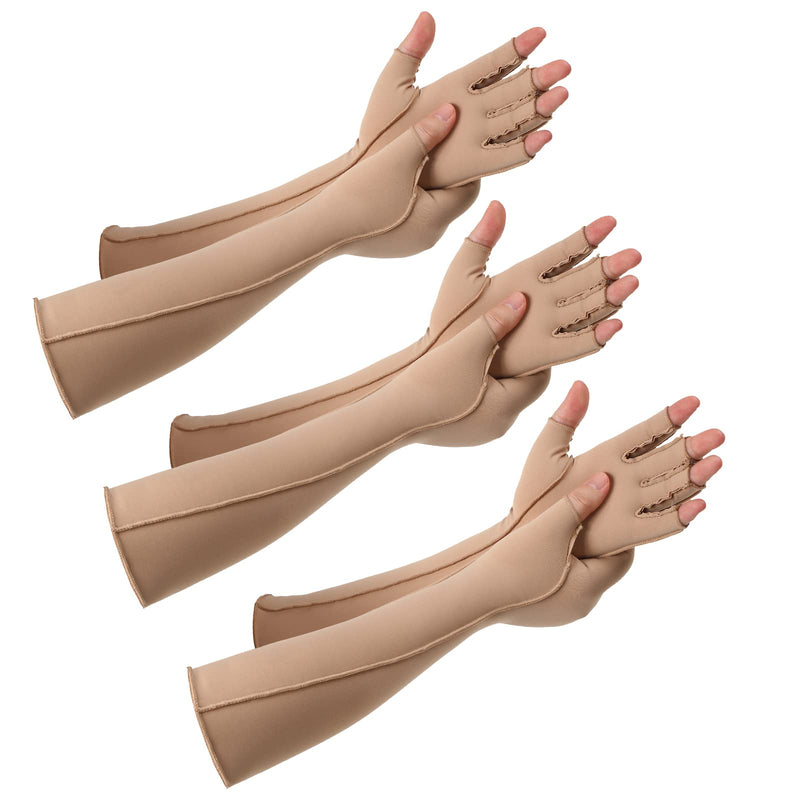 [Australia] - Janmercy 3 Pairs Arthritis Compression Gloves Women Men for Carpal Tunnel Pain Relief, Seams Fingerless Gloves for Tendonitis(Extended,Nude) Extended Nude 