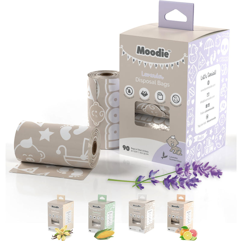 [Australia] - NEW Baby Disposable Diaper Bags (90 BAGS TOTAL) | LAVENDER SCENTED Diaper Bags Disposable (6 Refill Rolls 9 x 13in) | Leak Proof Diaper Trash Bags | Baby Essential Item Diaper Change on the Go… 