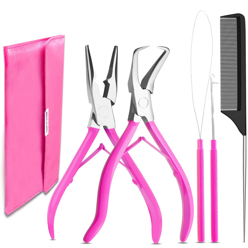 [Australia] - Beauty & Crafts Hair Extension Tools- Stainless Steel Pliers Set for Micro Beads- 1 Crochet Needle 1 Pulling Hook with Tail Comb- Micro Links Tool Kit with Leather Pouch- (Pink) Pink 