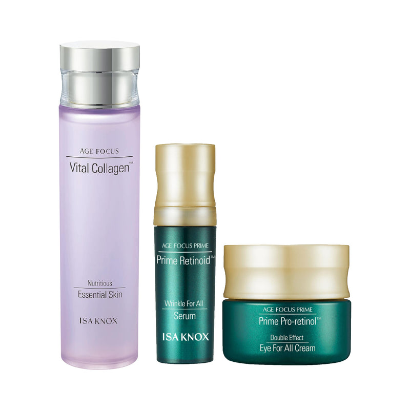 ISA KNOX AGE FOCUS VITAL COLLAGEN Emulsion, PRIME Wrinkle For All Serum & PRIME Eye For All Cream (177 ml/5.99 fl oz) - Korean Skin Care by LG Beauty. Vitamins C, B12 & E.