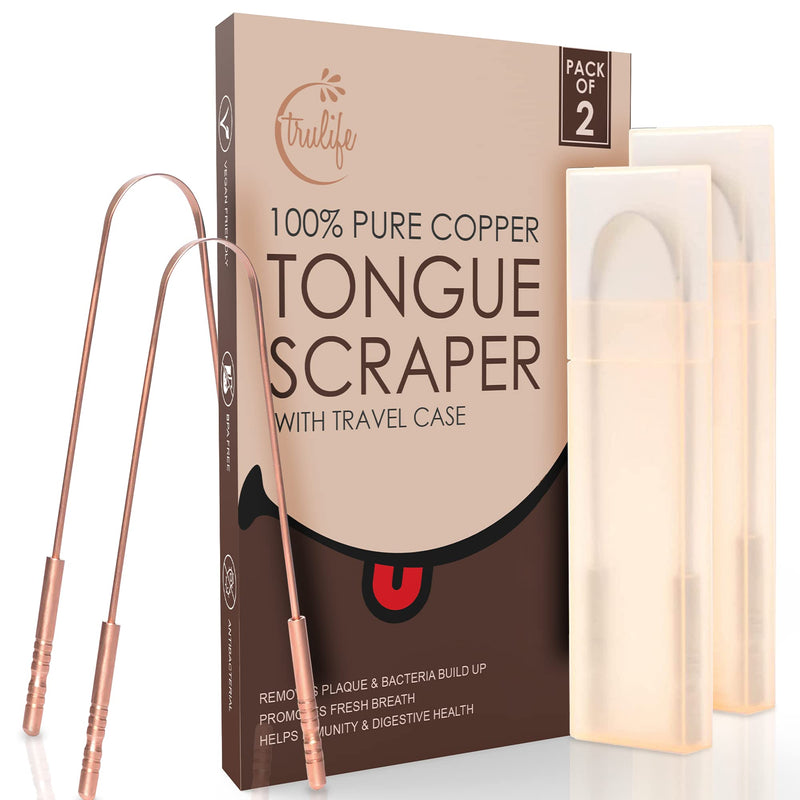 [Australia] - TruLife Tongue Scraper For Adults (2 Pack), Tongue Cleaner for Oral Care & Hygiene, Metal Tongue Scraper, Reduce Bad Breath (Travel Cases Included), Tounge Scraper - Fresher Breath & Easy to Use Copper 