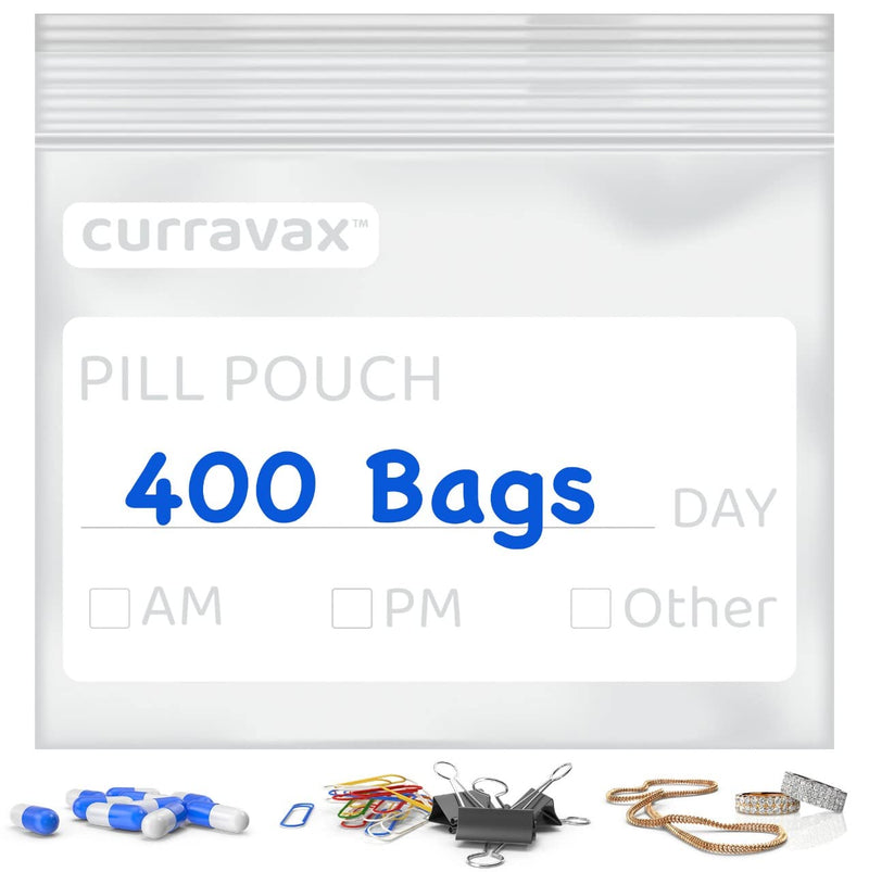 Pill Bags for Travel Pill Pouch Organizer Pack of 400 BPA Free 3 x 2.75 inch Pill Pouches for Medicine Reusable with Write on Label & Waterproof Zipper Seal AM PM Pill Baggies for Vitamins by CURRAVAX