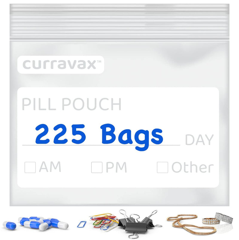 Pill Bags for Travel Pill Pouch Organizer Pack of 225 BPA Free 3 x 2.75 inch Pill Pouches for Medicine with Write on Label & Waterproof Zipper Seal AM PM Pill Baggies for Vitamins by CURRAVAX