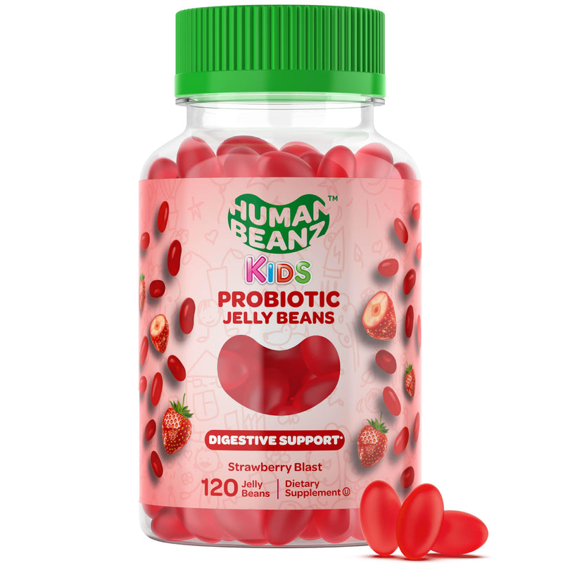 Human Beanz Probiotic Jelly Bean Gummies, Kids, 120 Strawberry Blast | Digestive Health, Nutritional Vegetarian Supplement, Kosher, Strawberry Blast Jelly Beans, Simple Daily Use, Great Value 1 Count (Pack of 120)