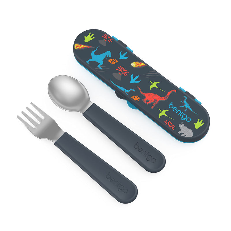 [Australia] - Bentgo Kids Stainless Steel Utensil Set - Reusable Fork, Spoon & Storage Case - High-Grade BPA-Free Stainless Steel, Easy-Grip Handles, Dishwasher Safe for School Lunch, Travel & Outdoors (Dinosaur) Dino 