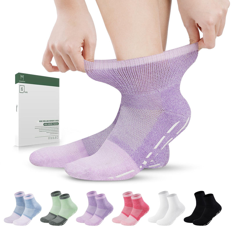[Australia] - Diabetic Socks with Grippers for Men Women -6 Pairs Non Binding Diabetic Ankle Slipper Socks Size 6-9 9-12 Purple/Green/Orange Red/Pale Purple/Black/White Large 