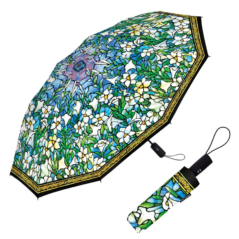 Windproof Auto Open/Close 43" Coverage Folding Travel Umbrella Fine Art Tiffany Field of Lilies Reinforced Rib Travel Umbrella w/Matching Sleeve