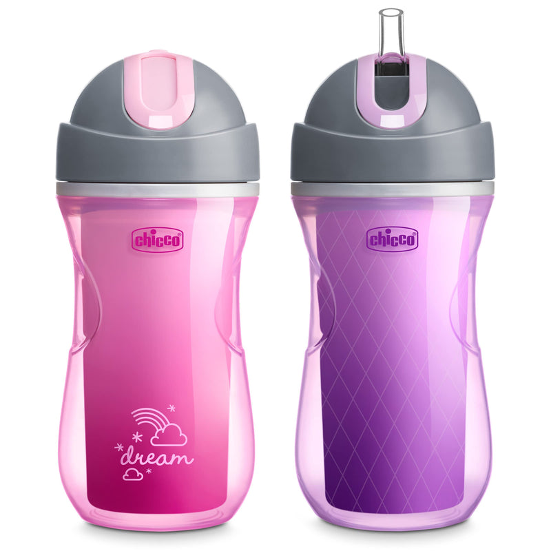 [Australia] - Chicco 9oz. Double-Wall Insulated Flip-Top Sippy Cup with Silicone Straw and Spill-Free Lid | Top-Rack Dishwasher Safe Easy to Hold Ergonomic Indents Dream Pink/Purple, 2pk 12+ months 