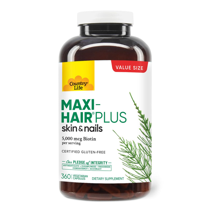 Country Life Maxi-Hair Plus 5000 mcg Biotin, 360 Vegetarian Capsules | With MSM, amino acids, vitamins and minerals for healthy hair, skin and nails; 90 servings
