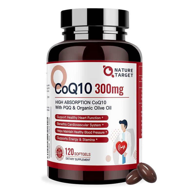 [Australia] - NATURE TARGET CoQ10-300mg-Softgels + PQQ with Organic-Olive-Oil - High Absorption-Coenzyme-Q10 - Antioxidant-for-Heart-Health and Immune Support, Energy Production, 120 Servings 