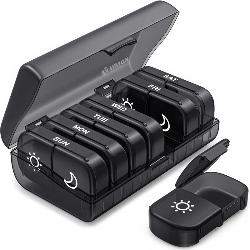 [Australia] - AUVON XL Weekly Pill Organizer 2 Times a Day, Pill Box 7 Day with One-Side Large Opening Design for Easy Filling, Black Privacy Protection AM PM Pill Case for Medication/Vitamins/Fish Oils/Supplements 