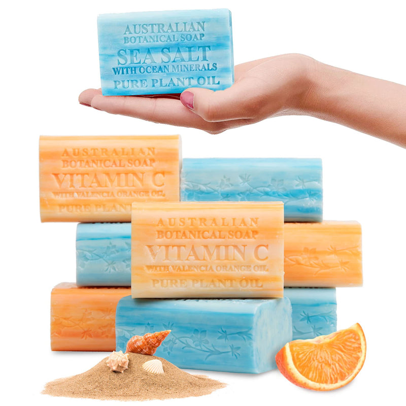 Australian Botanical Soap Valencia Orange & Sea Salt Soap Bars, Pack of 8 | Variety Pack, 6.6 oz Each: 4 Valencia Orange and 4 Sea Salt; with Shea Butter, Ocean Minerals & Vitamin C for Hands and Body Valencia Orange, Sea Salt 6.6 Ounce (Pack of 8)