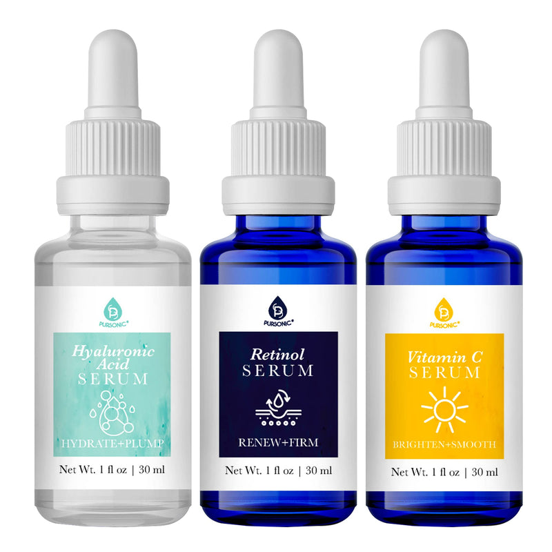 PURSONIC Anti Aging Skin Care Set of 3 - Hyaluronic Acid Serum, Retinol Serum & Vitamin C Face Serum for Women - Nourishing Hydrating Serum for Face, Smoothed Wrinkles, Dryness, Fine Lines Hyaluronic Acid, Retinol & Vitamin C Serum