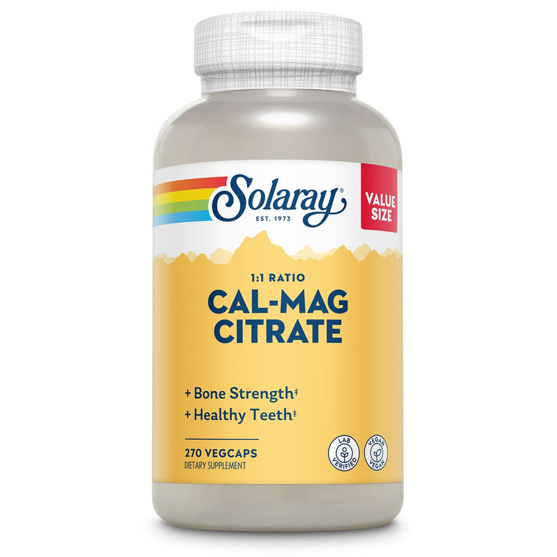 Solaray Calcium Magnesium Citrate 1000mg 1:1 Ratio, Bone Strength Supplement, Muscle, Nerve and Bone Health Support, Chelated for High Absorption, 60-Day Guarantee, 45 Servings, 270 VegCaps | Bone, Muscle, Teeth & Nerve Support, Calcium & Magnesium Cit...