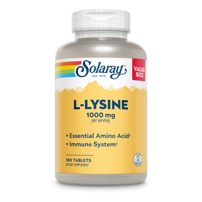 [Australia] - SOLARAY L-Lysine, Free-Form 1000 mg, Essential Amino Acid Immune Support Supplement with Vitamin C 1,000 mg and Zinc 25 mg, Value Size, Lab Verified, 60-Day Guarantee, 60 Servings, 180 Tablets 180ct 