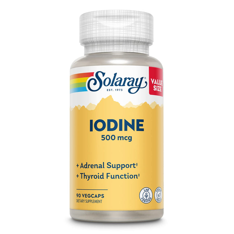 [Australia] - Solaray Iodine 500 mcg, Iodine Supplement for Healthy Adrenal and Thyroid Support, Energy, Metabolism, and Focus, Potassium Iodide, Vegan, 60-Day Money-Back Guarantee, 90 Servings, 90 VegCaps 90 Count (Pack of 1) 