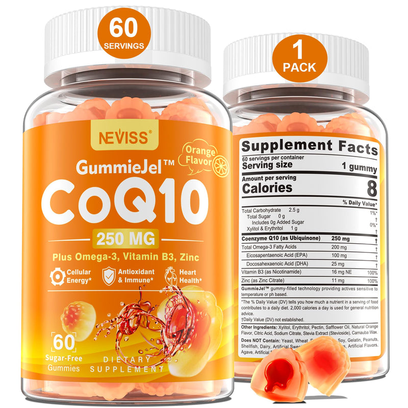 [Australia] - Sugar-Free CoQ10-250mg Filled Gummies - 2 Months Supply - Plus Omega-3, Vitamin B3 & Zinc, High Absorption Coenzyme Q10 Supplements for Heart Health, Cellular Energy & Antioxidant Support, Vegan 60Cts 60 Count (Pack of 1) 