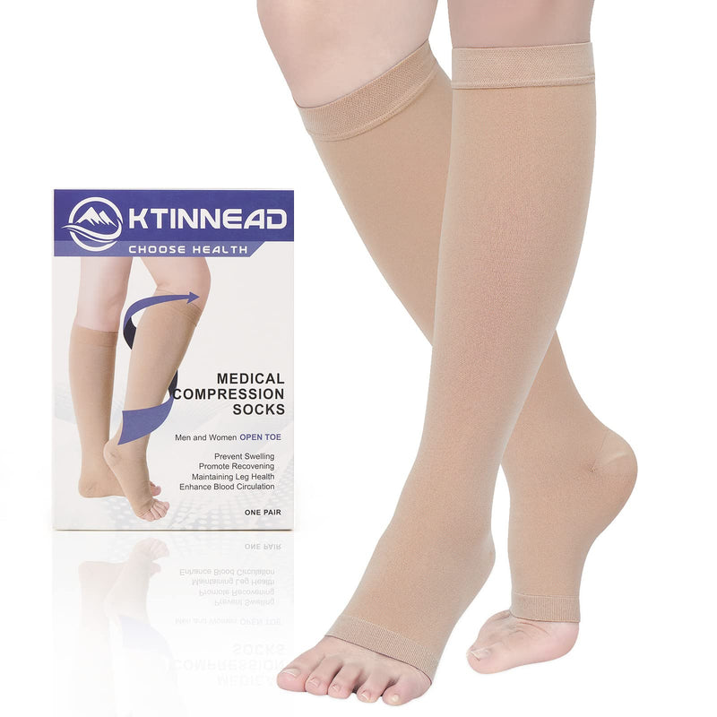 [Australia] - Compression Socks for Women and men 20-30 mmhg, Knee High Graduated Compression Stockings, Opaque, Open Toe, Unisex, Beige, Large 