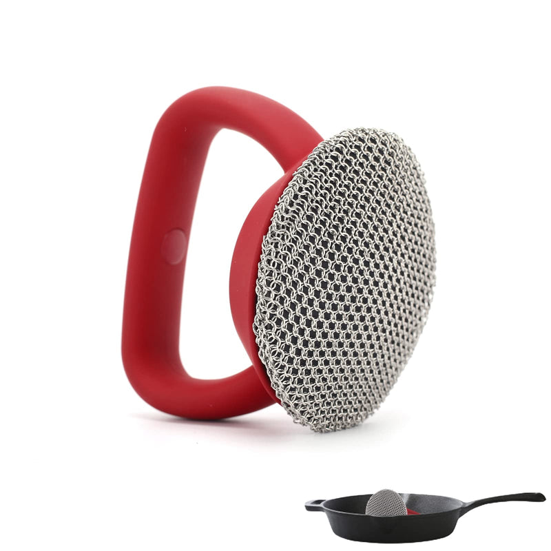 [Australia] - Cast Iron Scrubber, 316 Stainless Steel Chainmail Scrubber with Handle, Chain Mail Scrubber Cast Iron for Cleaning Cast Iron Skillets, Pans,Griddles, Frying Pans, Cast Iron Cookware Standard Red 
