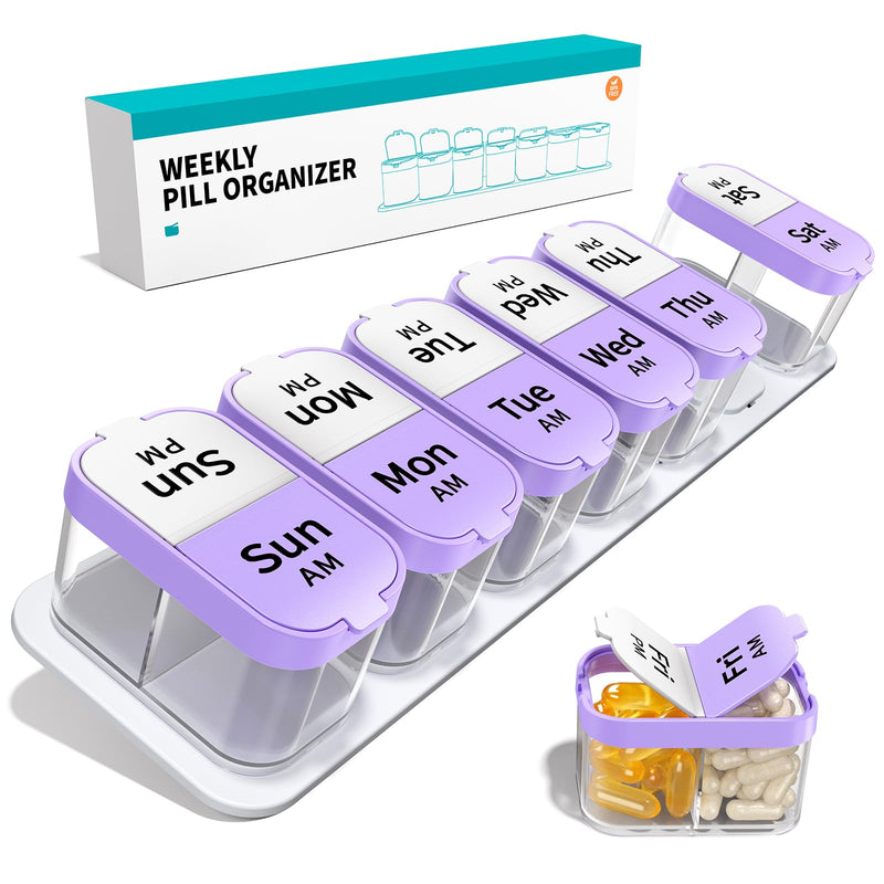 Daviky Large Pill Organizer 7 Day, Weekly XL Pill Box 2 Times a Day, Extra Big Medicine Case AM PM for Vitamins, Supplements and Medication Purple 1 Count (Pack of 1)