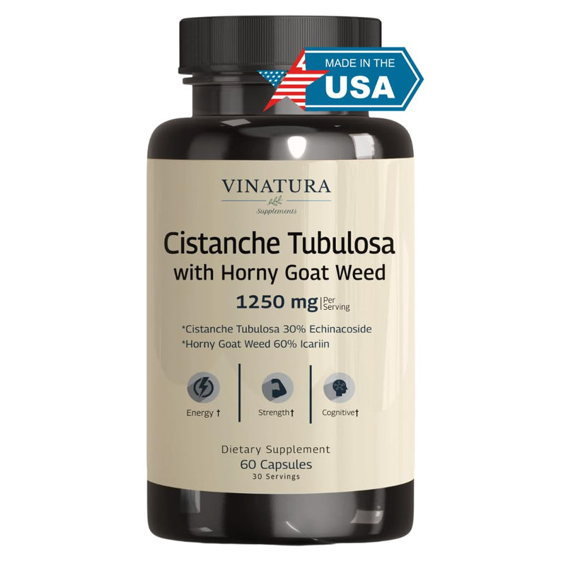 [Australia] - Cistanche with Horny Goat Weed 60% Icariin - 1250mg per Serving, Cistanche Tubulosa, Cistanche Supplement Men, Energy, Strength Cognitive *USA Made and Tested* - 60 Capsules 30 Servings 