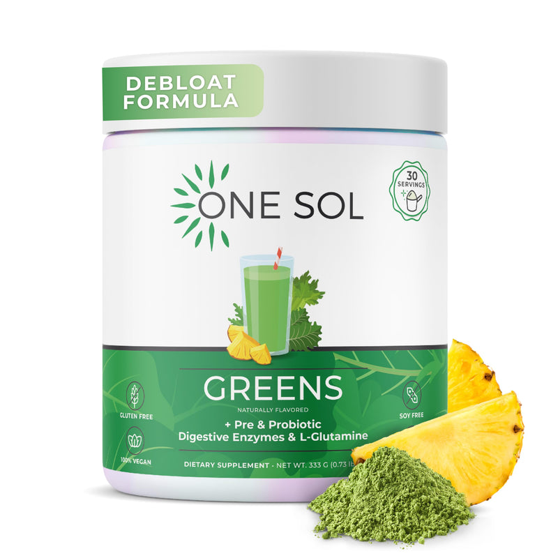 One Sol Super Greens Powder for Gut Health with Prebiotics & Probiotics | Organic greens and superfood blend with digestive enzymes for digestion and gut health support; vegan and soy-free.