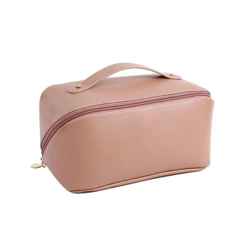 Large Capacity Travel Cosmetic Bag Make Up Bag with Handle and Zipper Multifunction Waterproof Toiletry Bag PU Travel Organiser Bag Wash Bag for Women Ladies Girls Pink A L