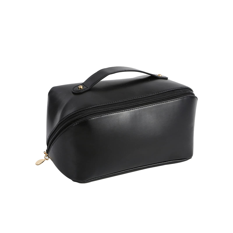 Large Capacity Travel Cosmetic Bag Make Up Bag with Handle and Zipper Multifunction Waterproof Toiletry Bag PU Travel Organiser Bag Wash Bag for Women Ladies Girls Black L