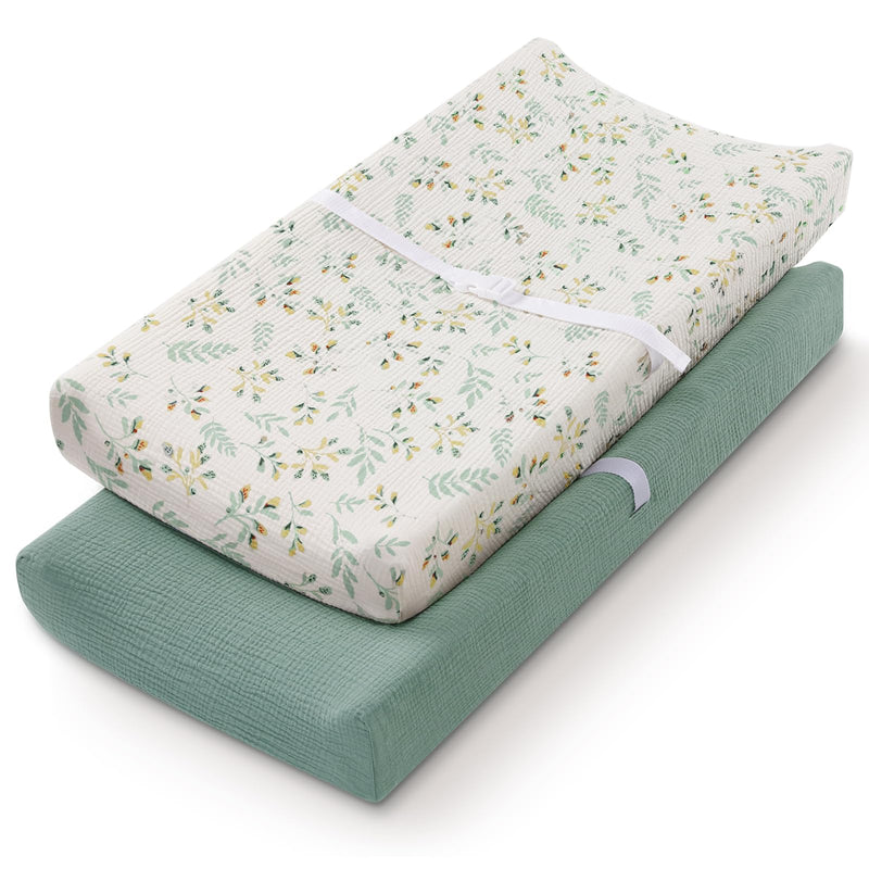 [Australia] - Blissful Diary Muslin Changing Pad Cover for Girls Boys, Ultra Soft Breathable Cotton, Baby Diaper Change Table Pad Covers, 2Pack (Roman Green&Leaf) Roman Green & Leaf 
