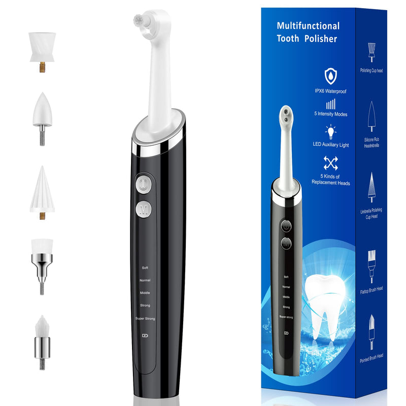 [Australia] - Rechargeable Tooth Polisher Kit for Daily Cleaning, Whitening and Polishing, Electric Dental Teeth Polisher with LED Light, 5 Brush Heads, 5 Speed Modes, Waterproof 1 Count (Pack of 1) White 