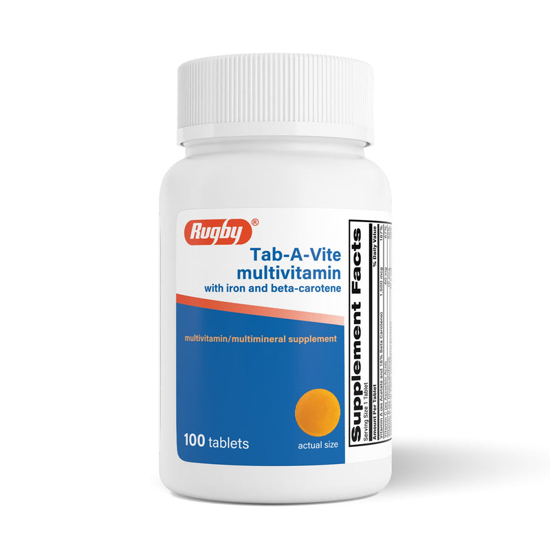 Rugby Tab-A-Vite Multivitamin with Iron and Beta-Carotene, 100 Tablets | Daily Multivitamin, Bone Health, Energy, and Immunity Support for Adults, Multimineral Supplement