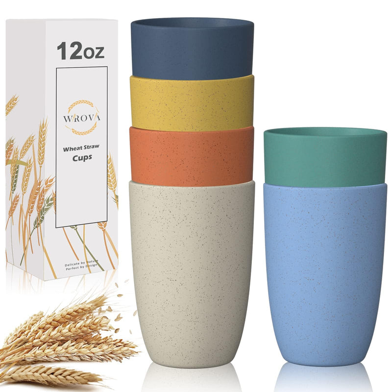 [Australia] - Wheat Straw Cups 6 PCS Good Alternative to Plastic Reusable Cups 12 oz Unbreakable Drinking Cup Reusable Dishwasher Safe Water Plastic Glasses with 6 Colors 12 Ounces Orange,Light Blue,Yellow,Beige,Green,Navy Blue 