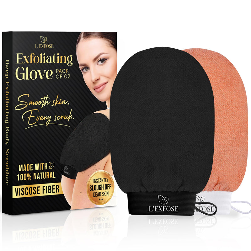 [Australia] - L'Exfose Kessa Hammam Deep Exfoliating Glove 2pc - Korean Exfoliating Mitt for Shower Ideal for Dead Skin Remover, Keratosis Pilaris & Self-Tanning to Improve Skin Tone Made with 100% Natural Viscose Salmon & Black 