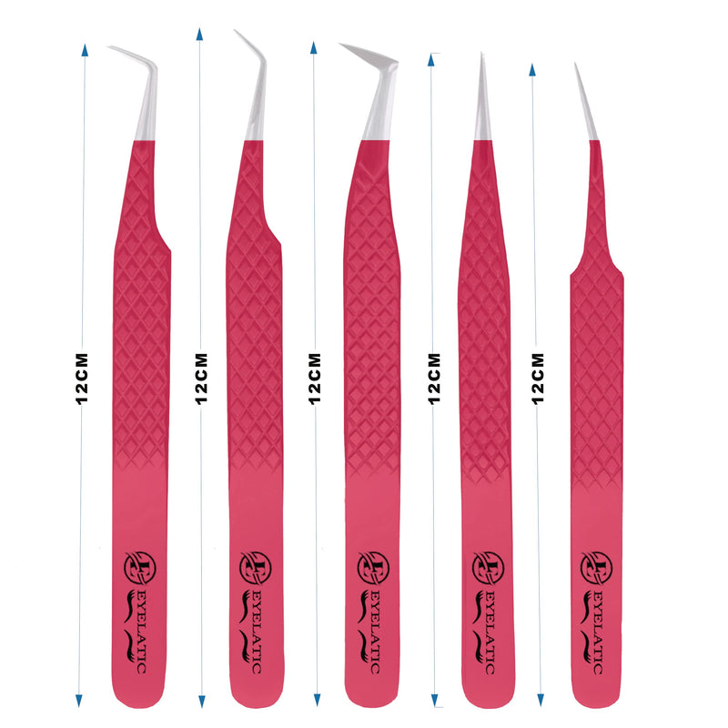 Eyelatics Eyelash Extension Tweezers Set 5 PCS for Eyelash Extensions J2Stainless Steel Lash Tweezers for Volume Lash Extensions-Maroon