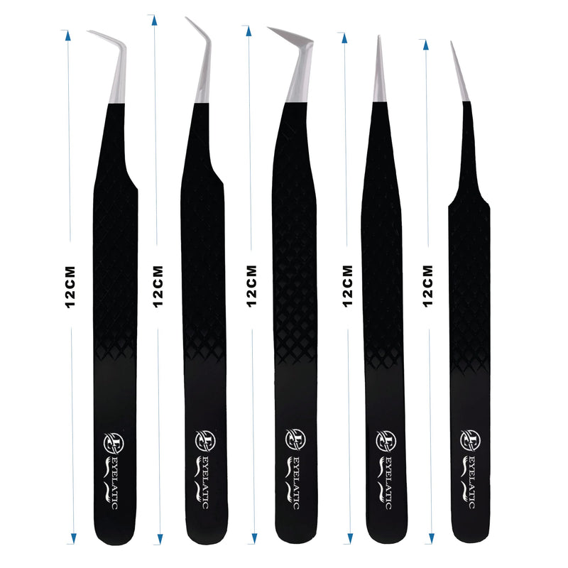 GENERIC Tweezers For Eyelash Extensions Tweezers Set of 5, Japanese Stainless Steel, Straight Curved 45 90 Degree Volume Eyelash Tweezers - BLACK