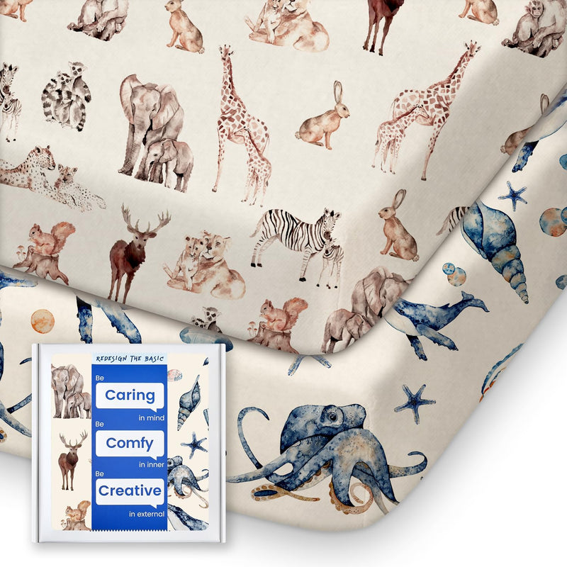 [Australia] - Graco Pack and Play Sheets Fitted, TotBasic Ultra Soft Mini Crib Sheets Boy, Neutral Pack N Play Mattress Sheets Hypoallergenic and Soothing, Premium Jersey Playrad Sheets, Safari Sea Animals, 2 Pack Ocean Pals + Wildlife Pack N Pack / Mini Crib Sheets 