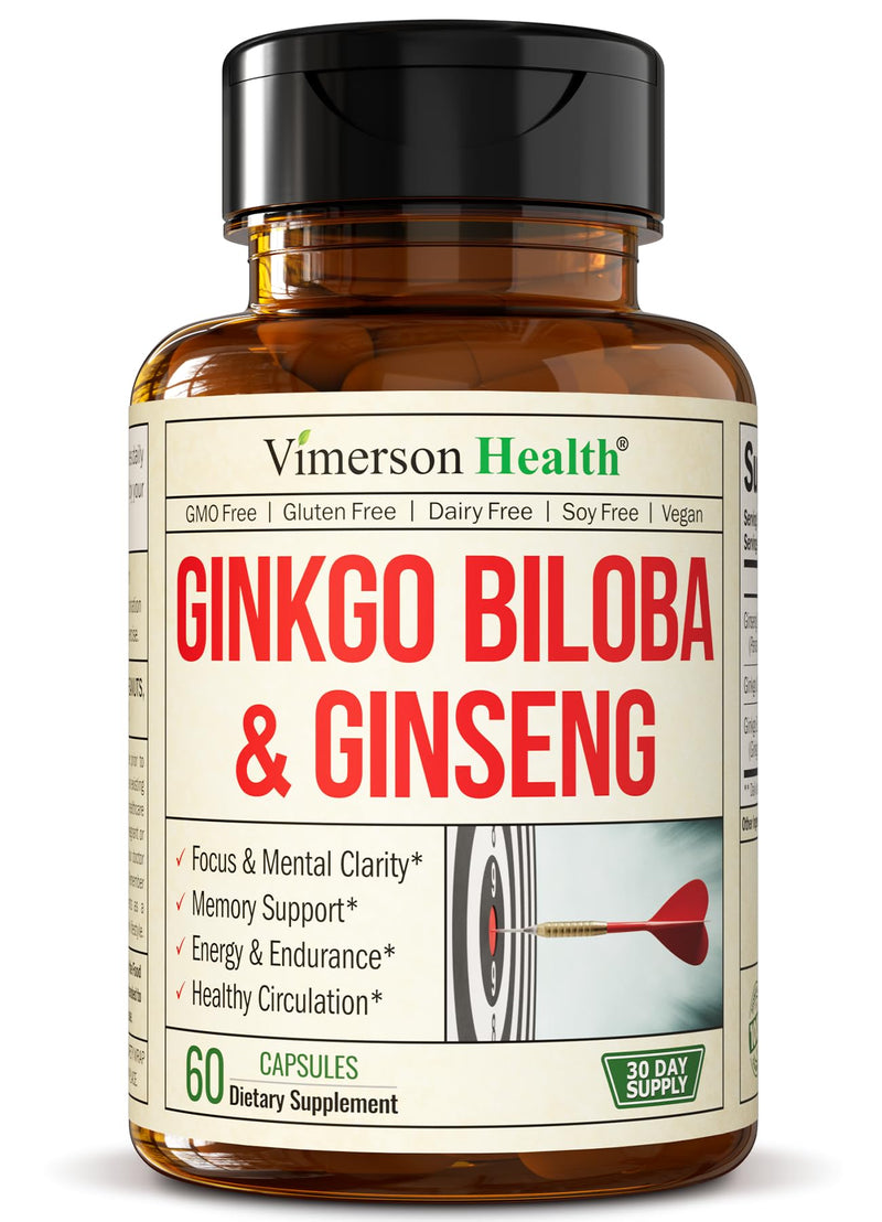 [Australia] - Ginseng + Ginkgo Biloba Supplements. Extra Strength Nootropics Brain Support Supplement for Memory & Focus with Panax Ginseng Root Extract Powder 800mg + Gingko 600mg + Ginkgo Biloba Extract 120mg 60 Count (Pack of 1) 