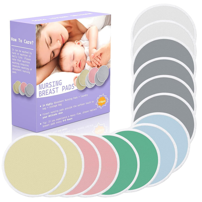 [Australia] - Nursing Pads 14PCS Reusable Breast Pads for Breastfeeding, Maternity Breastfeeding Pads With Wash Bag & Carry Bag, 4.7Inch Washable Organic Breastfeeding Pads,Nipple Pads for Breastfeeding Essentials Multicolor 