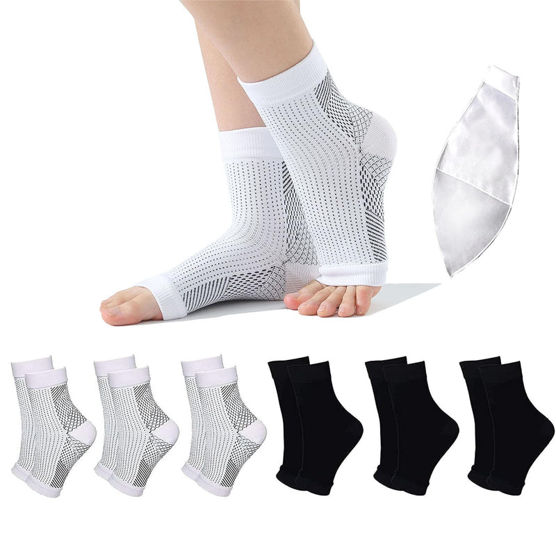 Neuropathy Socks for Women and Men, Soothe Socks Ankle Brace Plantar Fasciitis Relief Black/White-6pcs Small-Medium