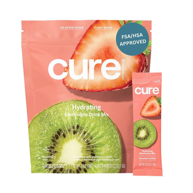 [Australia] - Cure Hydrating Electrolyte Mix | Electrolyte Powder for Dehydration Relief | Made with Coconut Water | No Added Sugar | Vegan | Paleo Friendly | Pouch of 14 Packets - Strawberry Kiwi 14 Servings 