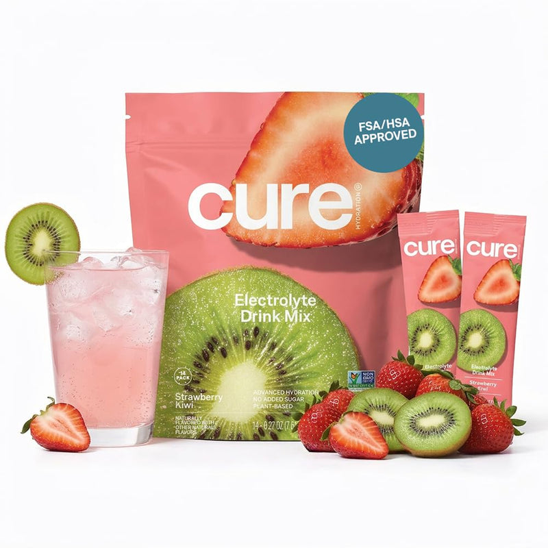 Cure Hydration - Electrolyte Drink Powder Strawberry Kiwi 14 Packets | Plant-Based Dehydration Relief Mix Made with Coconut Water, No Added Sugar, Vegan, Non-GMO, Gluten Free, FSA-HSA Eligible