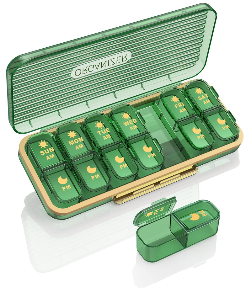Acedada Pill Organizer 2 Times A Day, 7 Day Am Pm Pill Box, Green | Weekly Pill Organizer with Separate Container, Portable Daily Medicine Dispenser Case for Vitamin, Fish Oils, Supplements
